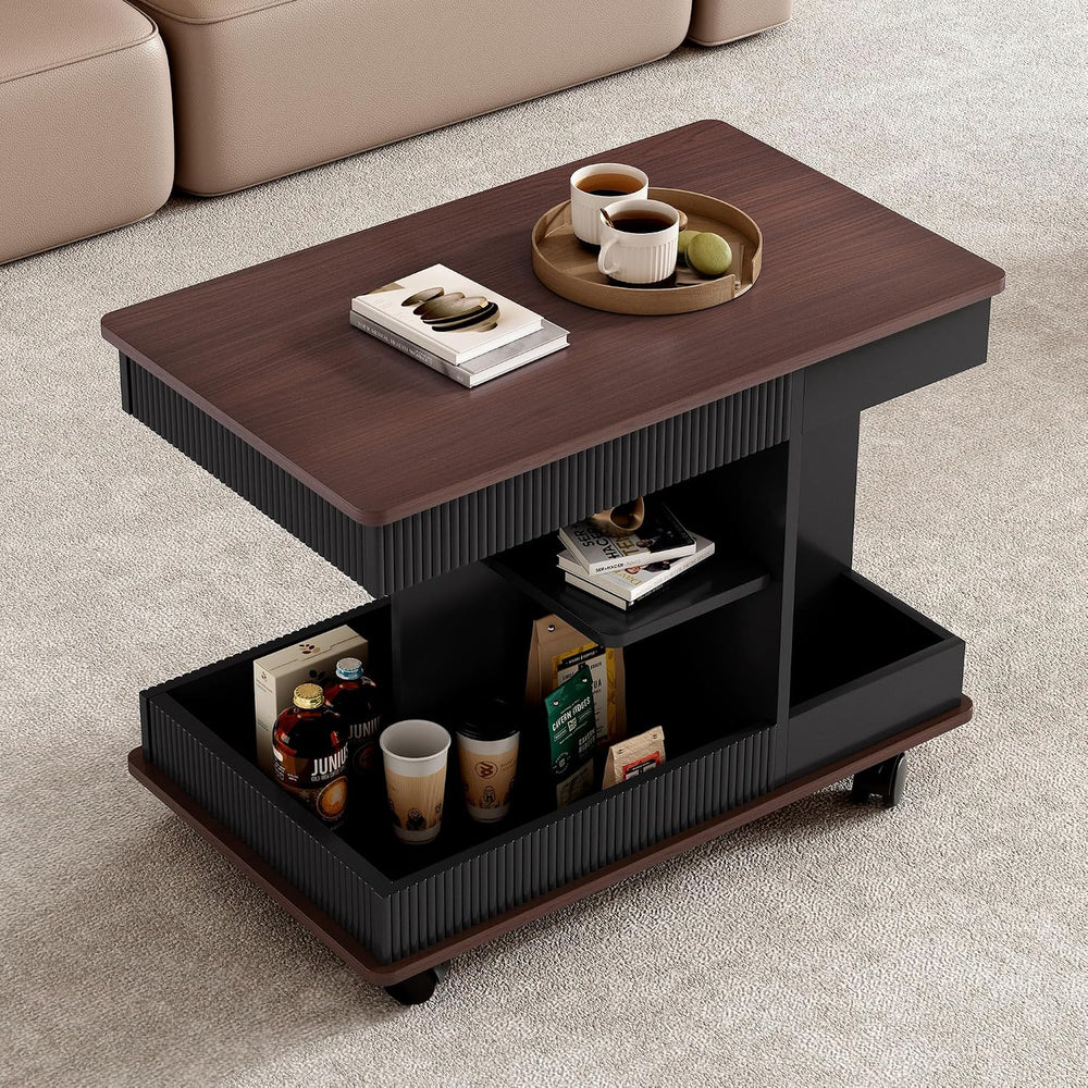 Adjustable Side Table with Wheels, 360° Rotating Lift-Top & Storage, Mode...