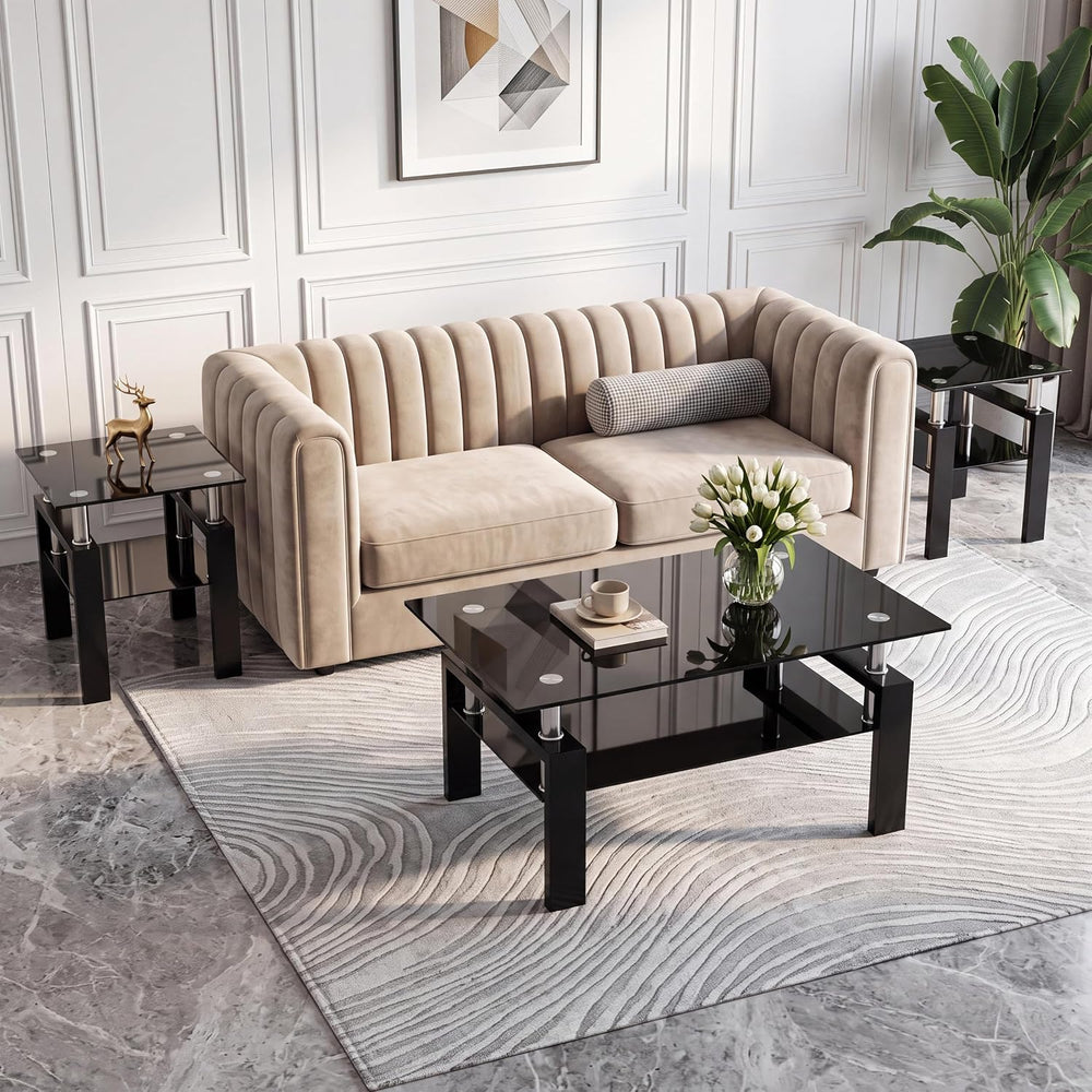 Glass Coffee Table Sets of 3 for Living Room, Mordern End Table Sofa Side Tab...