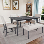 Merax 6 Piece Solid Wood Dining Table Set for 6, Rustic Farmhouse Rectangular with 4 Upholstered Wooden Chairs and 1 Bench, Kitchen Room, Gray