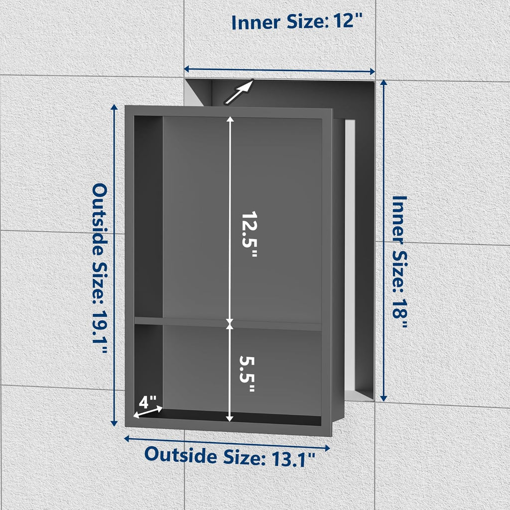 Stainless Steel Shower Niche 18" X 12", No Tile Needed Wall Niche Double Shelves, Recessed Niche Shower for Bathroom Storage, Gun Metal