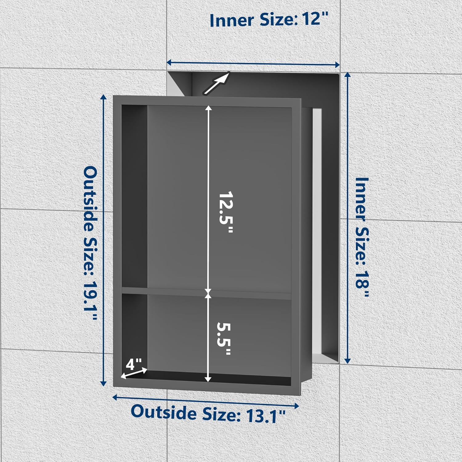 Stainless Steel Shower Niche 18" X 12", No Tile Needed Wall Niche Double Shelves, Recessed Niche Shower for Bathroom Storage, Gun Metal