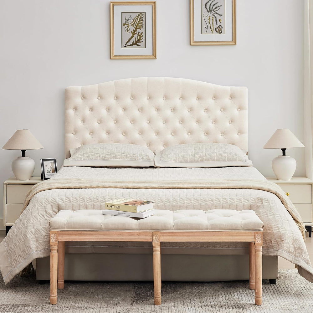 Tufted Tall Queen Size Headboard, Linen Button Diamond Headboards, Beige