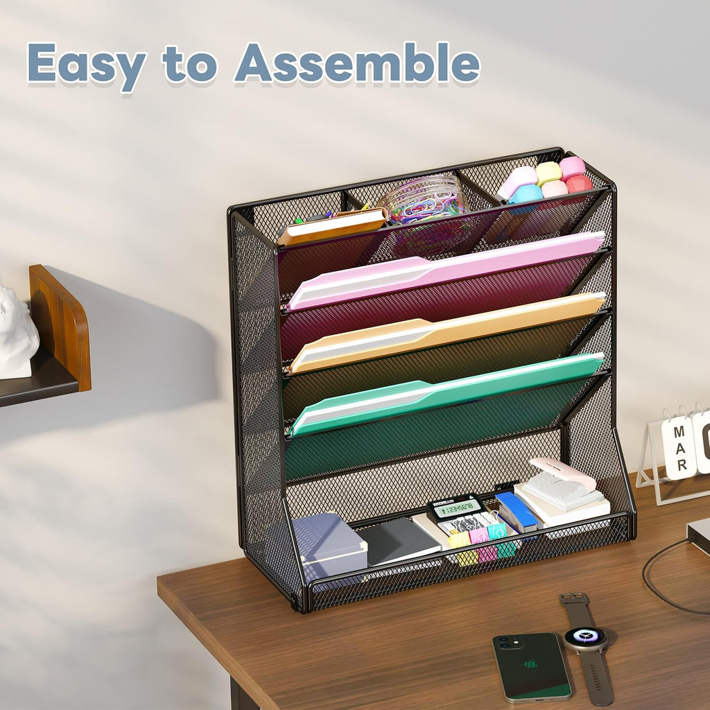 File Organizer Wall Mounted 5 Tiers, Durable Adjustable Metal Vertical Hanging, Stable R-Shaped Bottom 4 Pull-Out Deviders to Sort File,Mail,Newspaper,Pen, Suitable for Office,Black