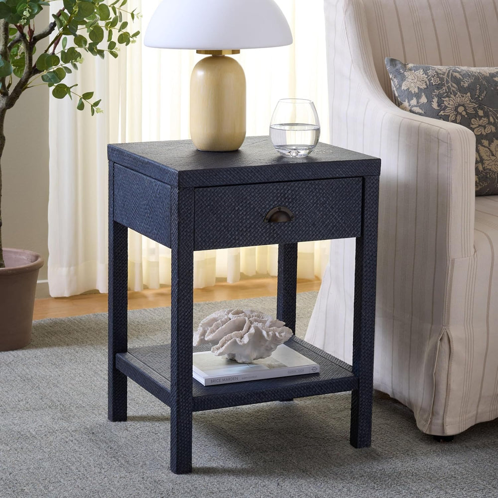 SAFAVIEH Home Collection – Epke Navy 1-Drawer 1-Shelf Accent Table, Woven Raf...