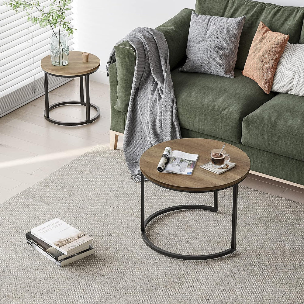 Smuxee Nesting Coffee Table Set of 2, 23.6" Round Coffee Table Wood Grai...