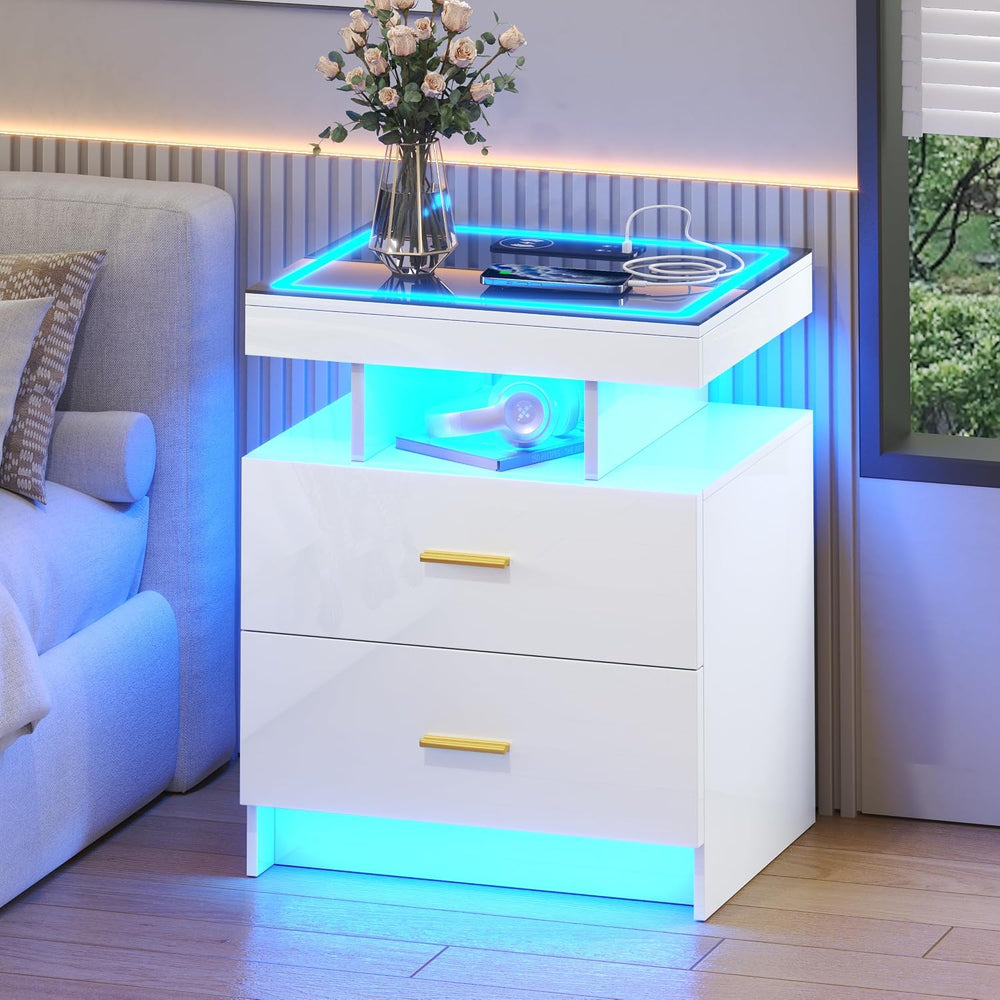 LED Nightstand Set 2 with Charging Station,Motion Senor,White | Night Stand w...