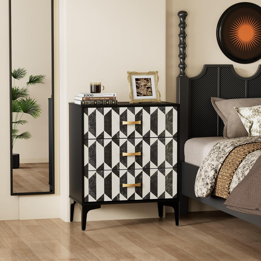 Anbuy Black Marble Nightstand, Modern Night Stand with 3 Drawers for Bedroom,...