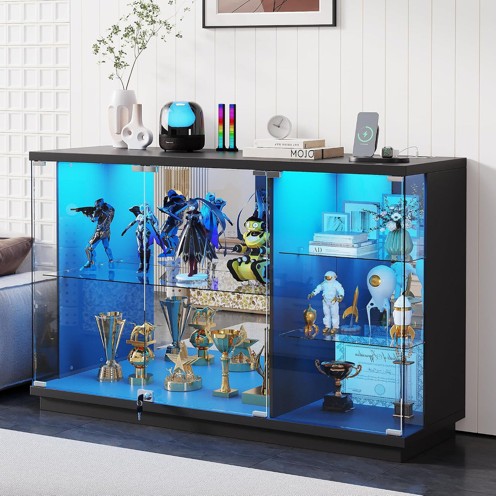 Gurexl 47.2" W Glass Display Cabinet with 3-Color LED Lights, 5-Tier Loc...
