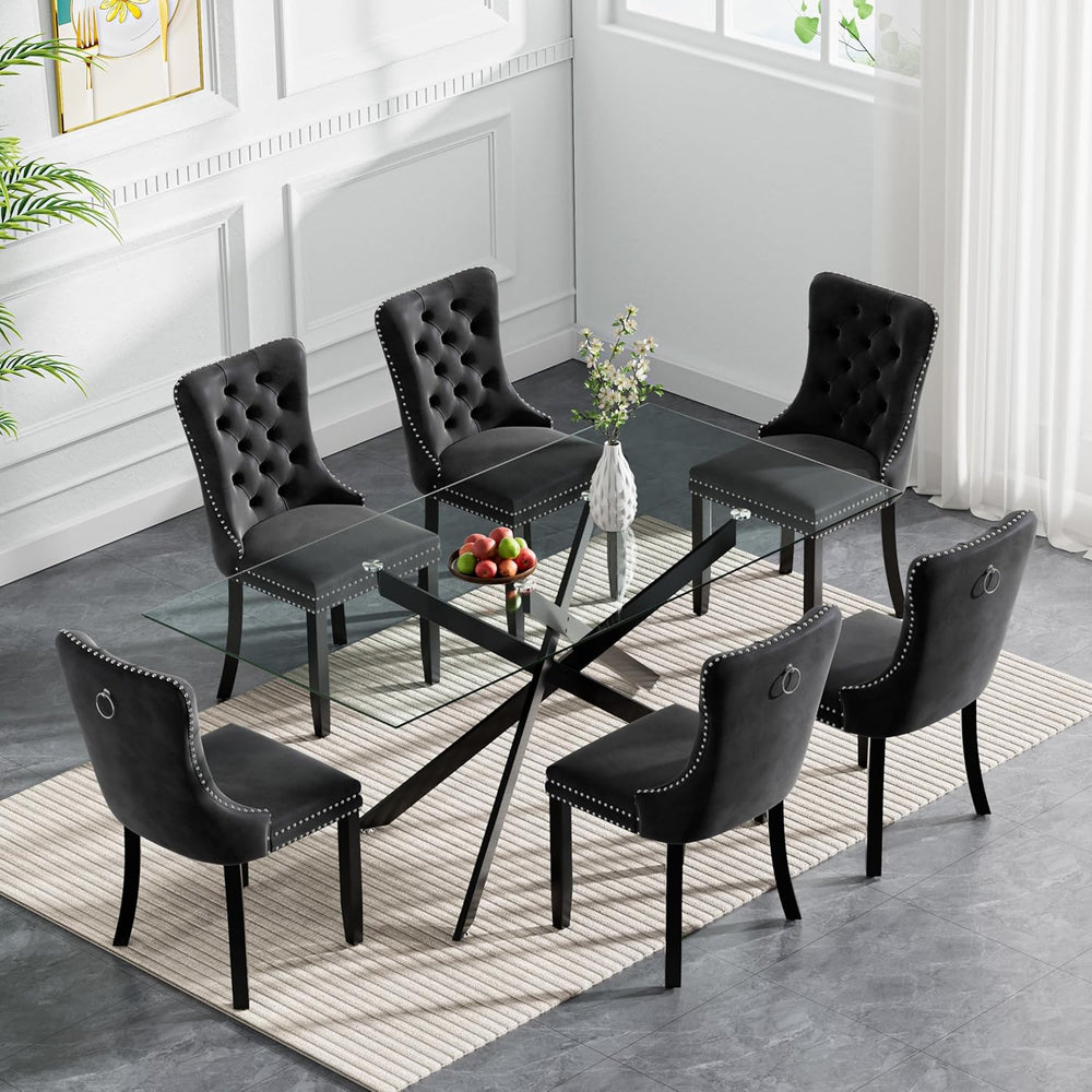 HomVent 7 Piece Rectangular Glass Dining Table Set, Tempered Glass Dinner Tab...