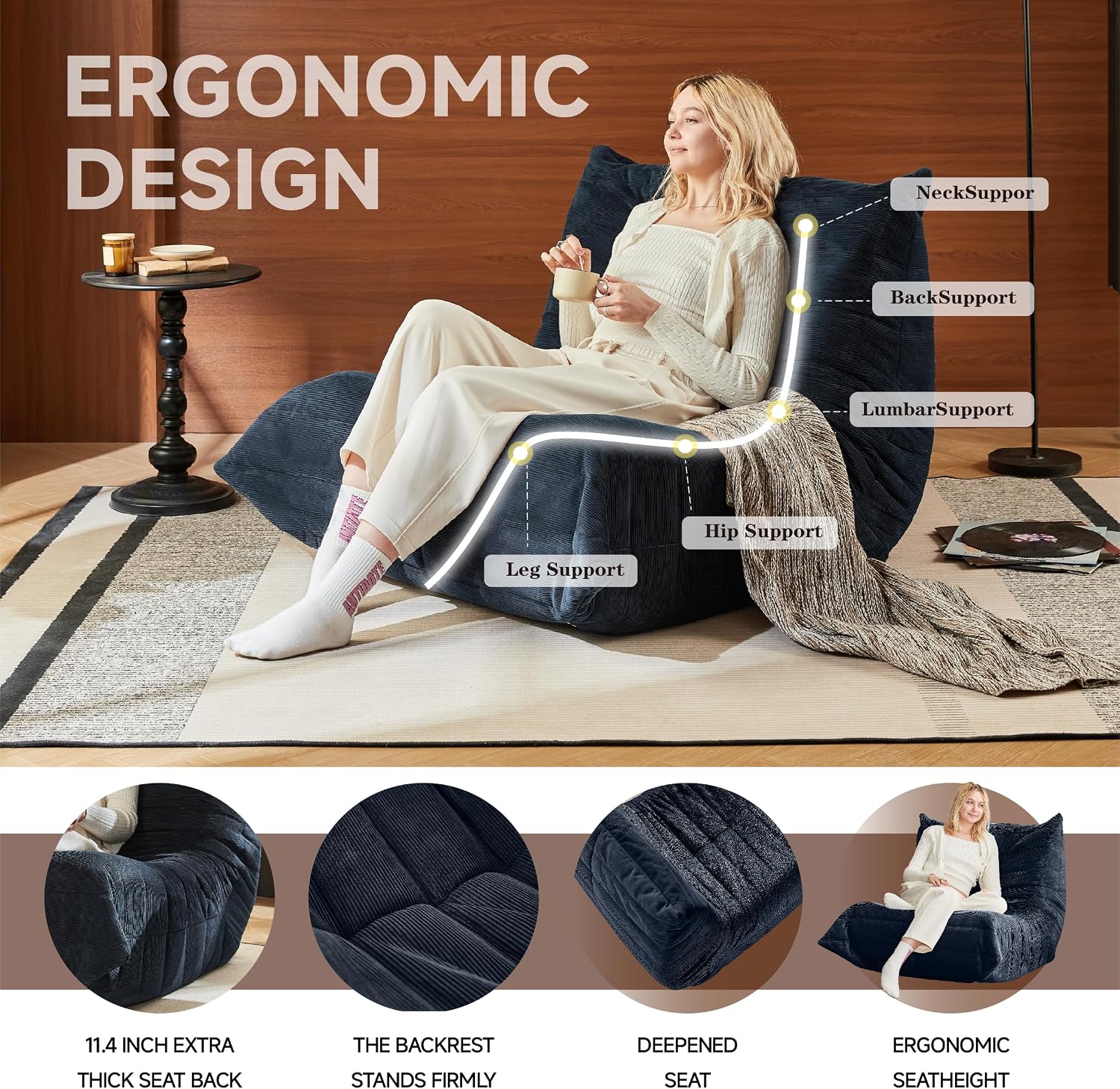 Bean Bag Chair for Adults,Bean Bag Chairs with High Density Comfortable Memory Foam,Giant Lazy Sofo Fireside Bean Bag Chair, for Living Room, Bedroom, Reading & TV (Bule)