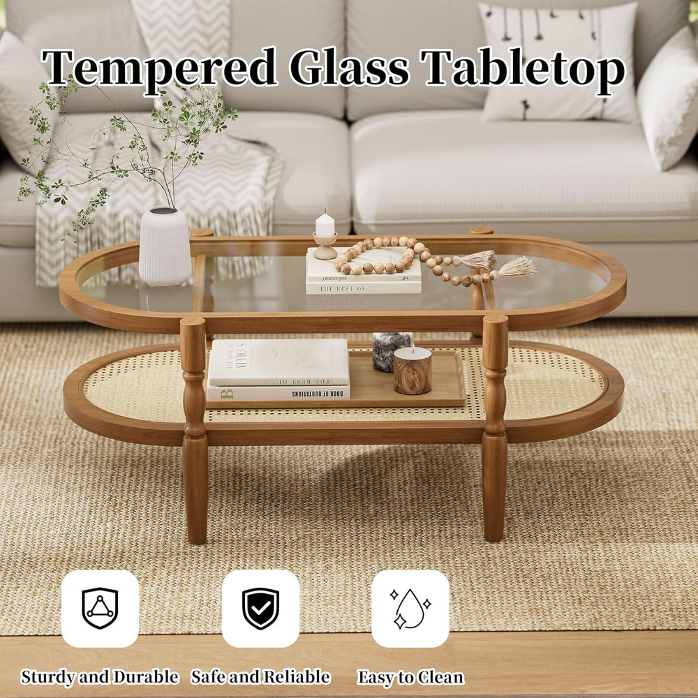 Rattan Coffee Table for Living Room, Oval Wood Glass Table, Brown, 40 inch