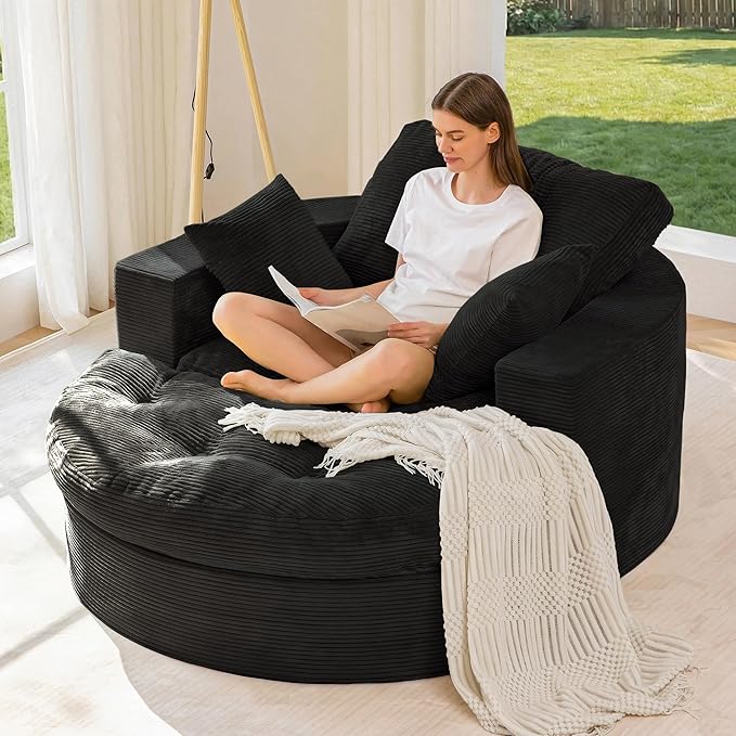 MAXYOYO Modular Sectional Chaise Lounge Sofa, Round Upholstered Lounge Chair with Ottoman, Comfy Couch with Layered Cushion, Tufted Sleeper Chair for Living Room, No Assembly, Black