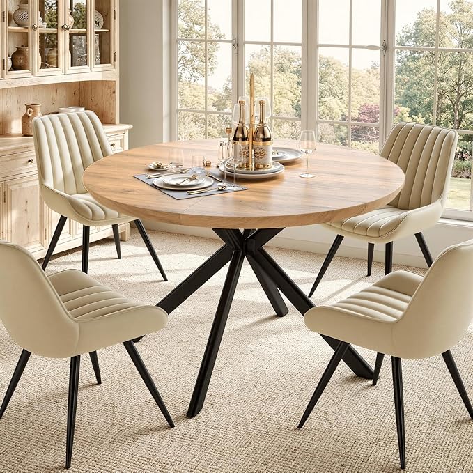 47.2" 5-Piece Round Dining Table Set for 4, Modern Wood Dining Table with 4 Upholstered Chairs, Kitchen & Dining Room Table Set with Metal Base for Apartment, Small Space, Natural Table+4 Beige Chairs