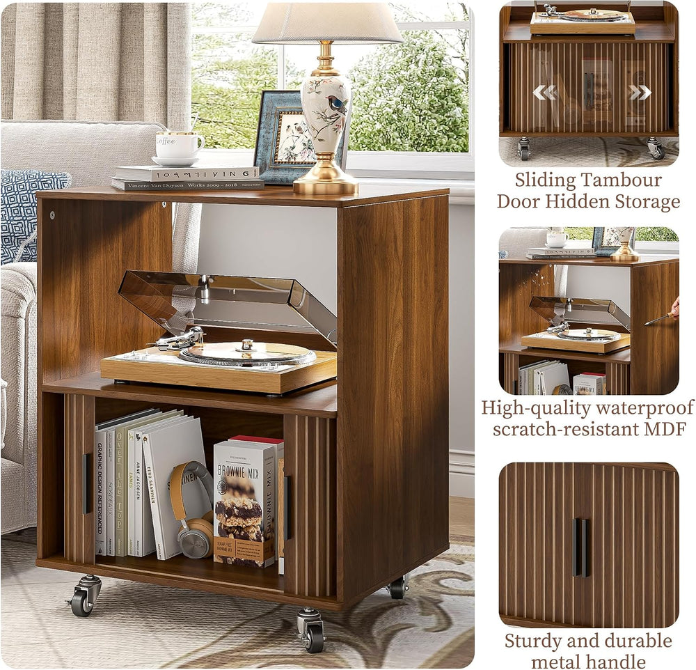 Side Table with Storage, Small End Tables with Sliding Door, Rolling Night St...