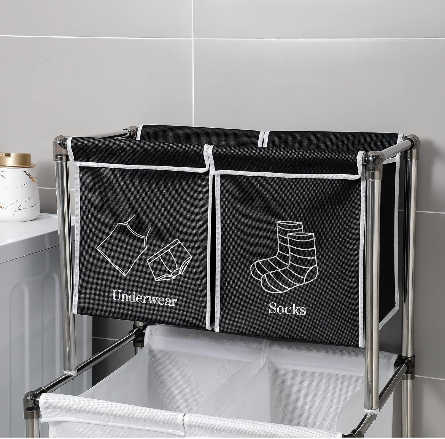 2 Tier Laundry Sorter with 4 Removable Bags for Organizing Clothes - Large Freestanding Laundry Hamper - Laundry Basket for Dirty Clothes in Laundry Room