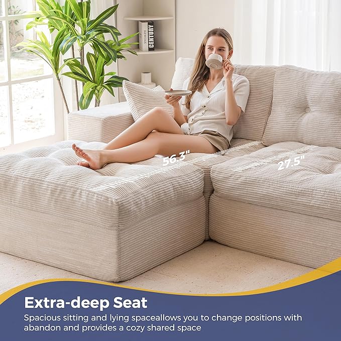 MAXYOYO 104" L Shaped Modular Sectional Sofa with Ottoman, Cloud Boneless Couch with Layered Cushion, Upholstered Sofa in a Box, Flexible Module Combination for Living Room, No Assembly, Beige