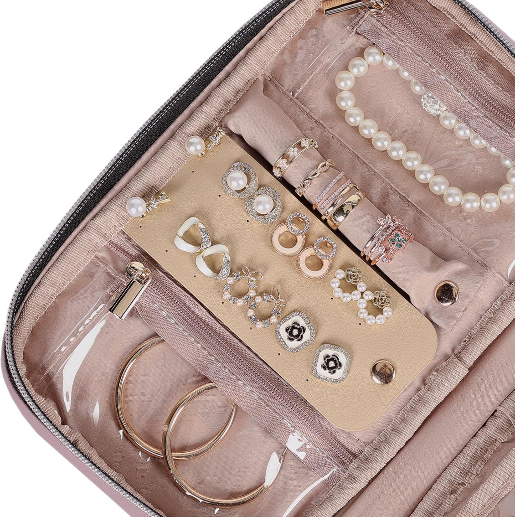 NISHEL Travel Jewelry Case, Holiday Organizer for Necklaces, Earrings, Rings, Bracelets, Watch, Peach Pink
