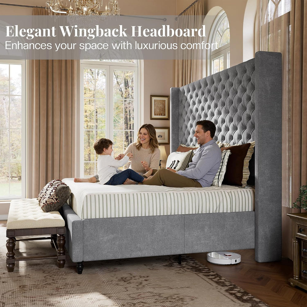 Jocisland Queen Bed Frame with 63" Tall Wingback Headboard, Grey