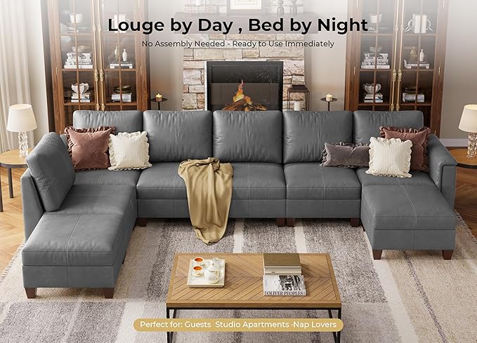 SITJOY 145" Faux Leather Modular Sectional Sofa with Storage, Mid Century Modern Sectional Couches for Living Room, Soft Padded Armrests, 8 Seat U Shaped Sectional Couch with Chaise, Gray