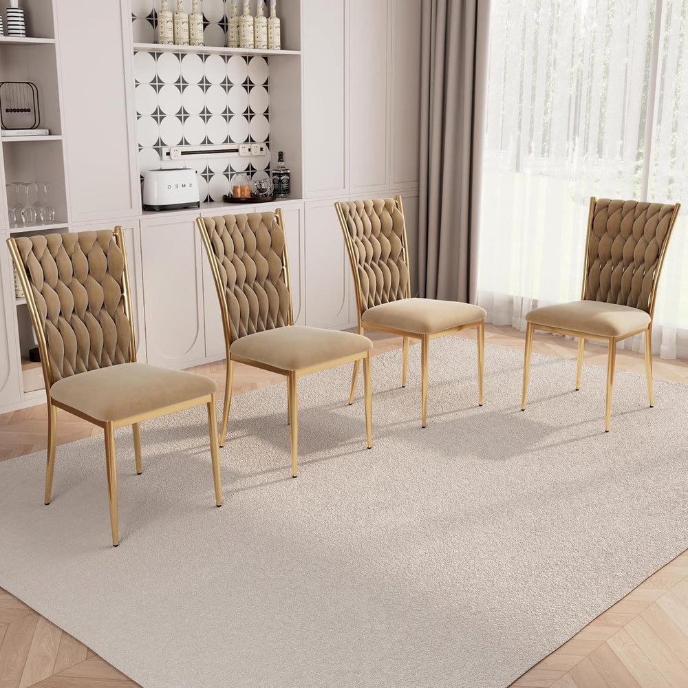 Modern Brown Velvet Dining Chairs Set of 4 with Woven High Back | Upholstered...