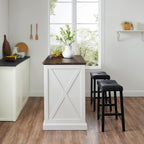 Crosley Furniture Clifton Kitchen Storage Island, Microwave Stand, Coffee Bar and Set of 2 Upholstered Saddle Stools, Distressed White/Black
