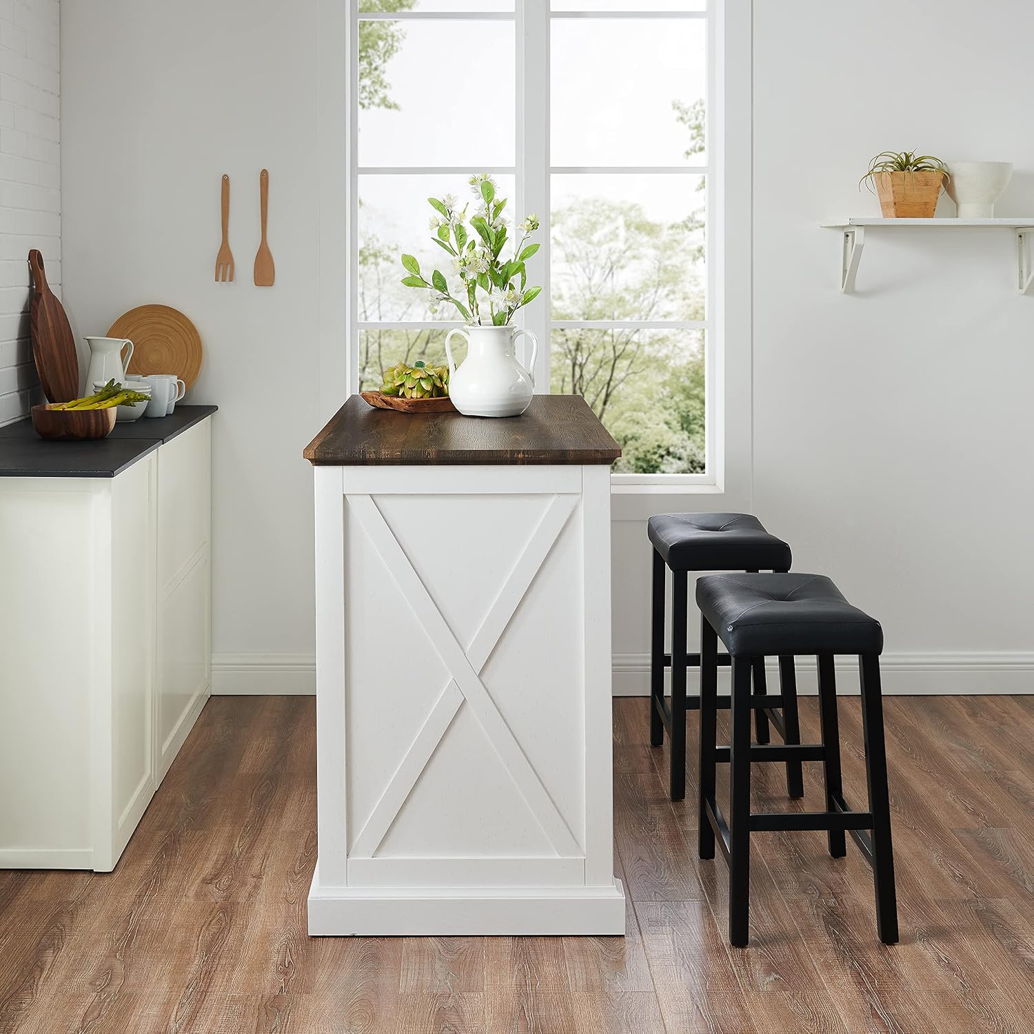 Crosley Furniture Clifton Kitchen Storage Island, Microwave Stand, Coffee Bar and Set of 2 Upholstered Saddle Stools, Distressed White/Black