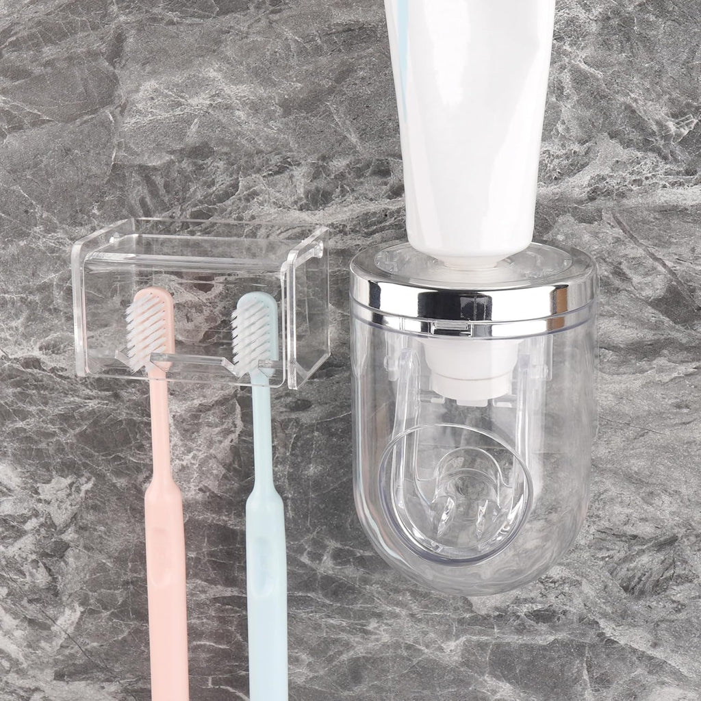 2 Slots Wall Mount Toothbrush Holder with Cover, Self Adhesive Tooth Brush Storage Organizer for Shower Bathrooms, Toothbrush Stand with Automatic Toothpaste Squeezer Dispenser