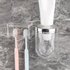 2 Slots Wall Mount Toothbrush Holder with Cover, Self Adhesive Tooth Brush Storage Organizer for Shower Bathrooms, Toothbrush Stand with Automatic Toothpaste Squeezer Dispenser