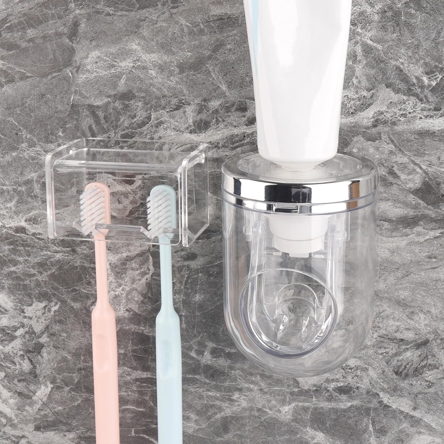 2 Slots Wall Mount Toothbrush Holder with Cover, Self Adhesive Tooth Brush Storage Organizer for Shower Bathrooms, Toothbrush Stand with Automatic Toothpaste Squeezer Dispenser