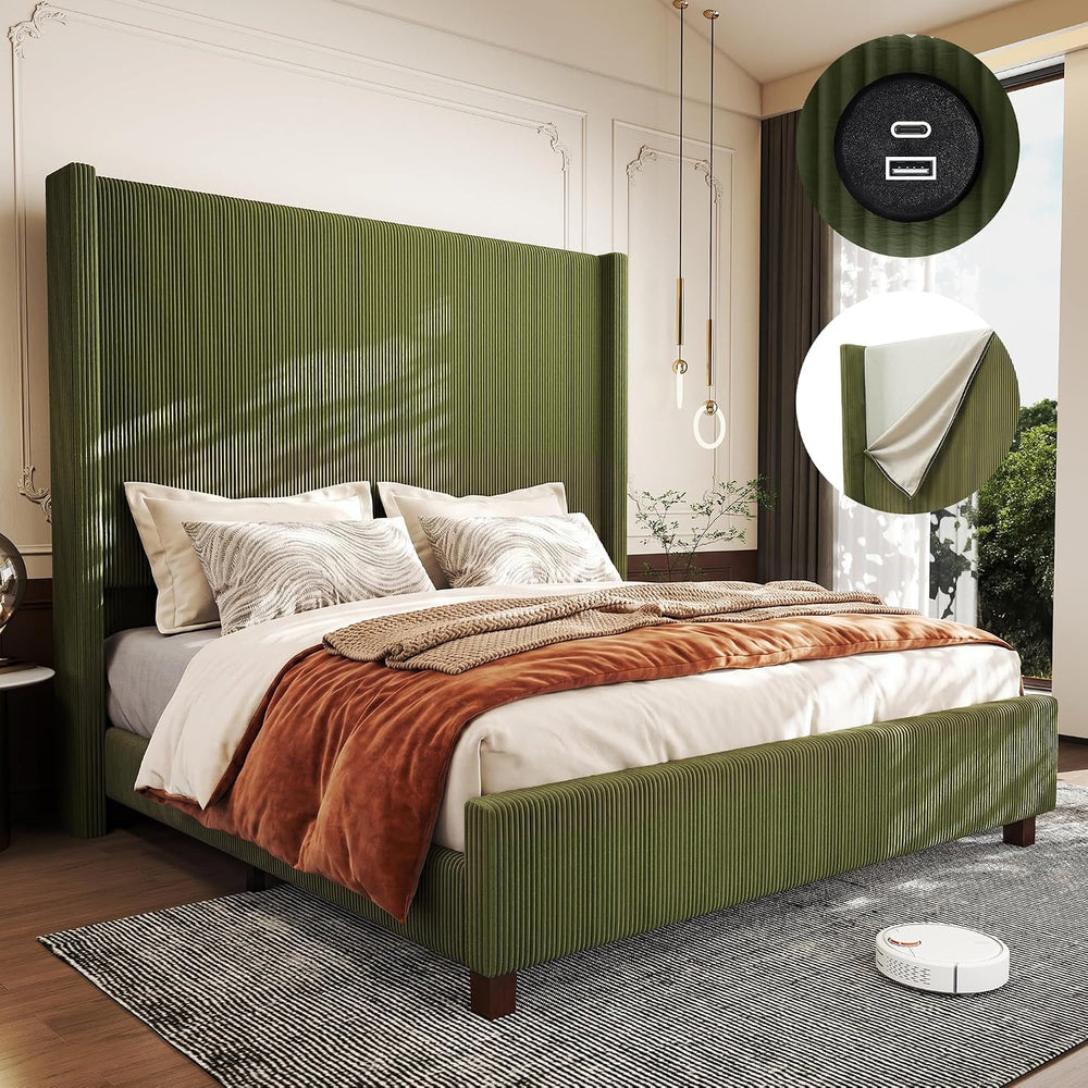 Queen Size Corduroy Upholstered Bed Frame with 65" Tall Headboard,USB Ch...
