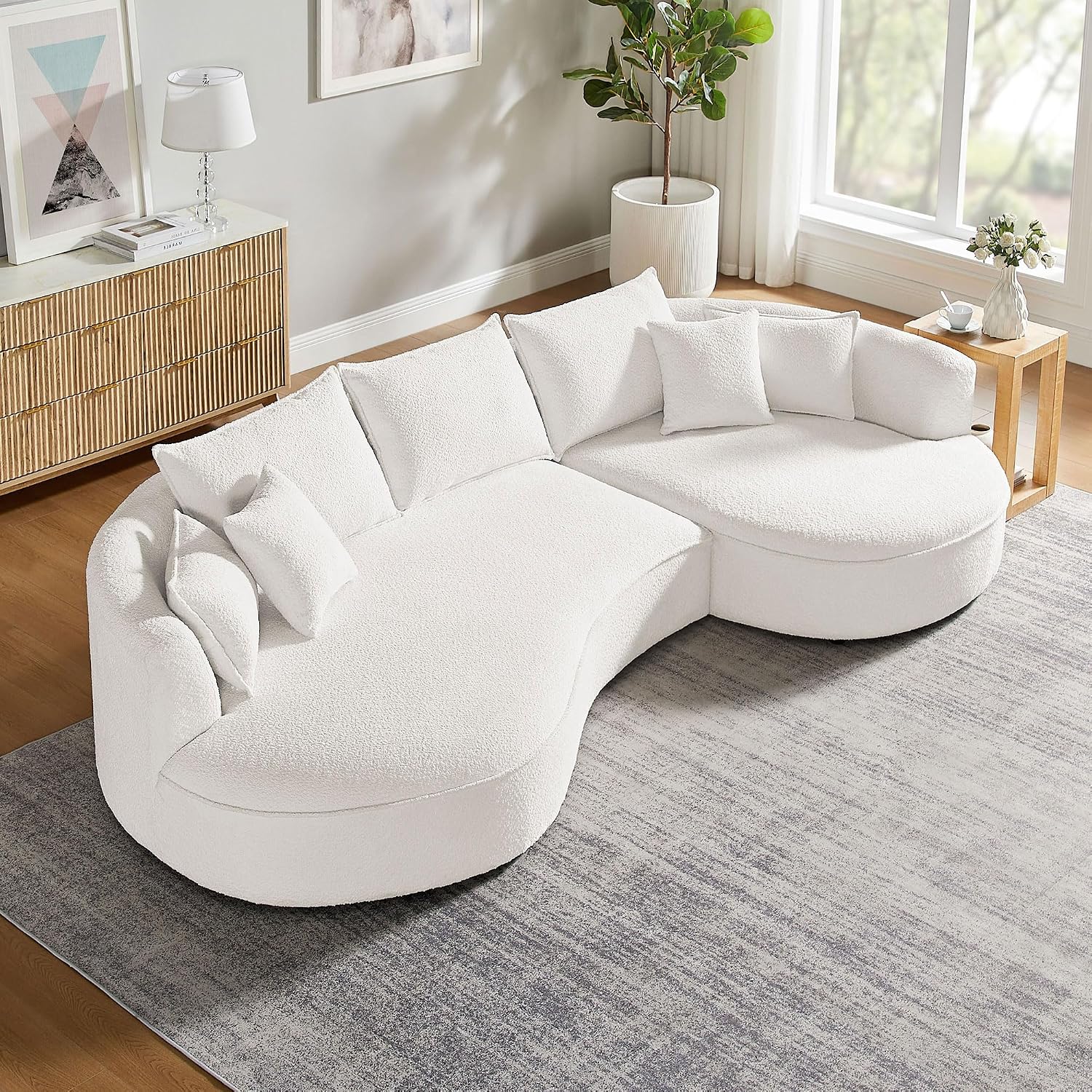 KEVINSPACE 128.15" Sofa Couch Modern Curved Cloud Round Sectional Couches Comfy with Pillows Luxury Chaise L Shape Upholstery for Living Room Apartment White Right Hand Facing