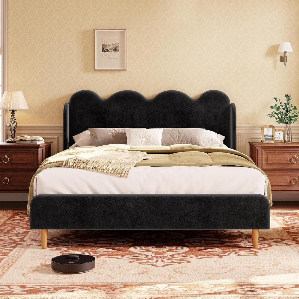 Garvee Chenille Upholstered Full Size Bed Frame, Wingback Design, Black