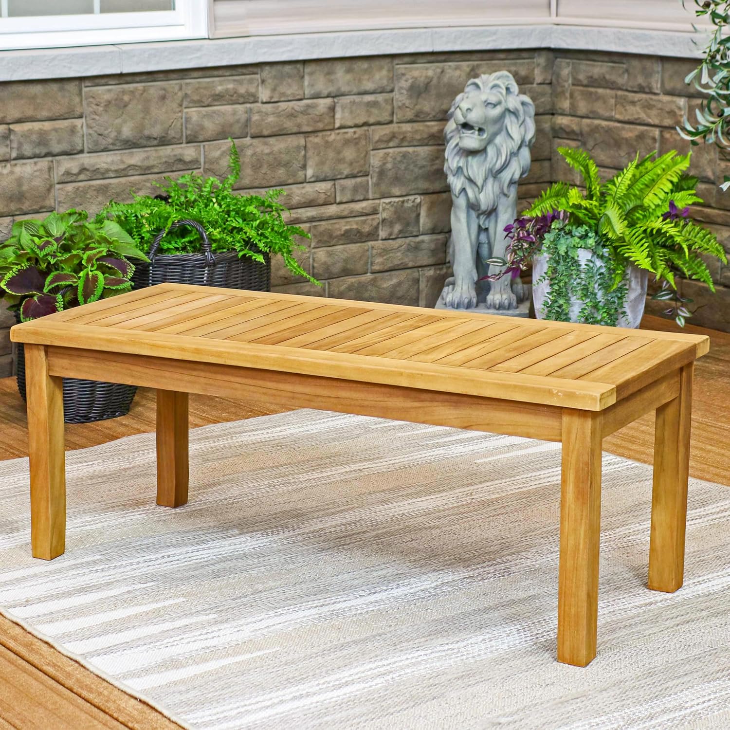 Sunnydaze Outdoor Patio Coffee Table, Solid Teak Wood, 45” W, Rectangular | Light Brown Wood Stain Finish, Slatted Wooden Outdoor Coffee Table, Comfortably Seats 4, Sturdy Teak Coffee Table for Outside