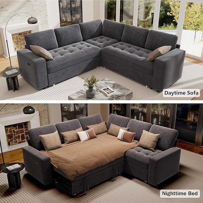 Vipbear 5 Seat L Shaped Modular Sectional Sleeper Sofa Bed with Pull Out Bed/Reclining Backrest/USB Ports/Storage Seat, Sectional Sleeper Couch, Tool-Free Assembly, Chenille Dark Grey