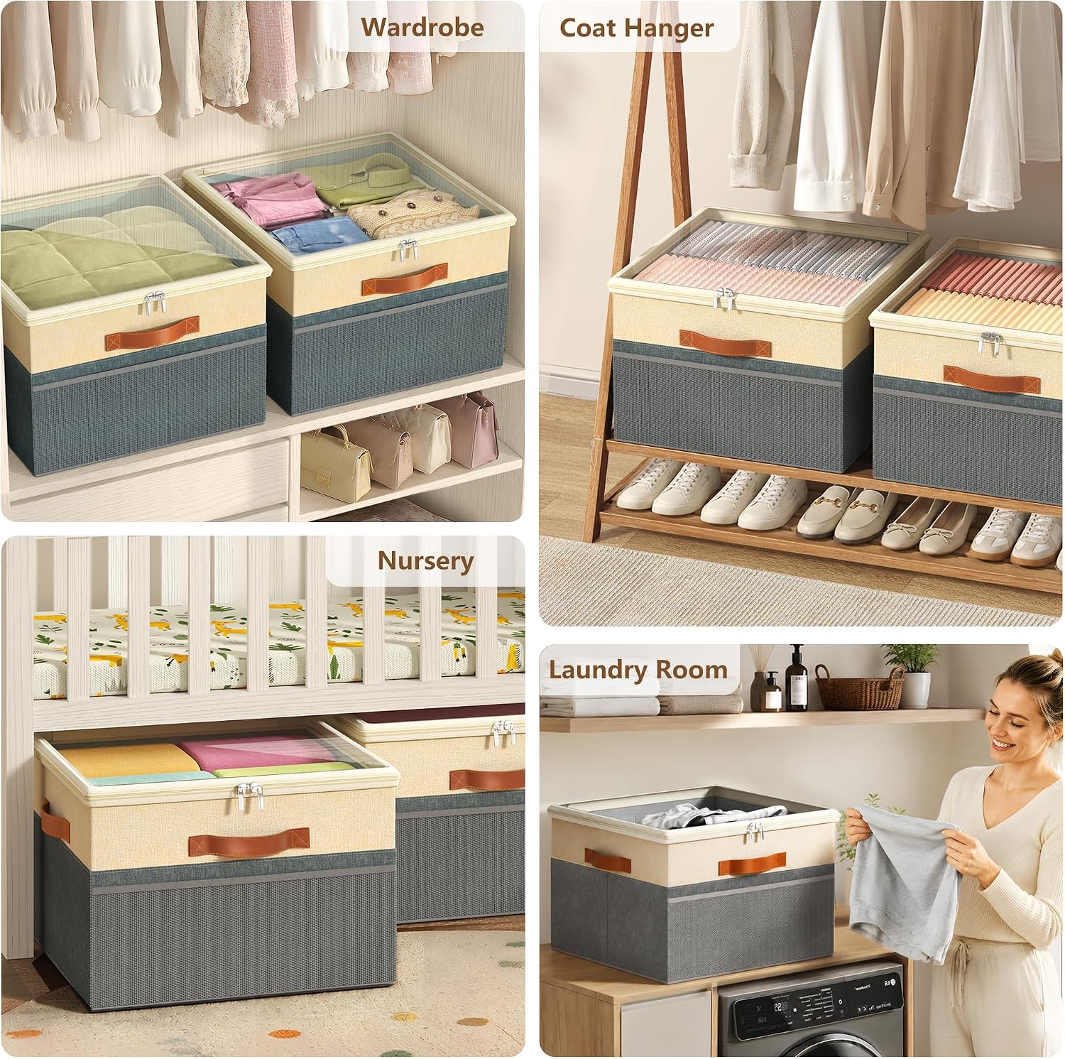Shoe Organizer for Closet, 2 Pack Foldable Shoe Storage Organizer Box Bin with Adjustable Dividers and Clear Cover, Fits up to 16-32 Pairs（Grey&Beige）