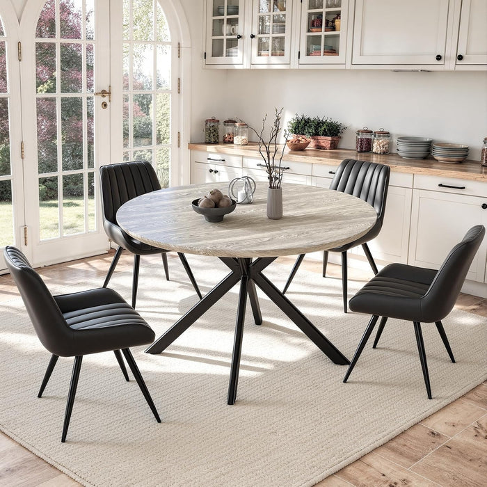 47.2" 5-Piece Round Dining Table Set for 4, Modern Wood Dining Table with 4 Upholstered Chairs, Kitchen & Dining Room Table Set with Metal Base for Apartment, Small Space, Grey Table+4 Balck Chairs