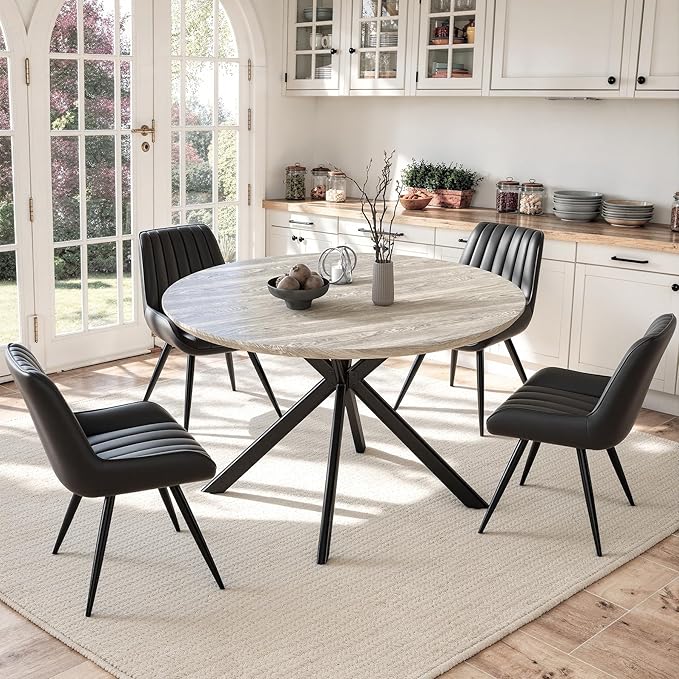 47.2" 5-Piece Round Dining Table Set for 4, Modern Wood Dining Table with 4 Upholstered Chairs, Kitchen & Dining Room Table Set with Metal Base for Apartment, Small Space, Grey Table+4 Balck Chairs
