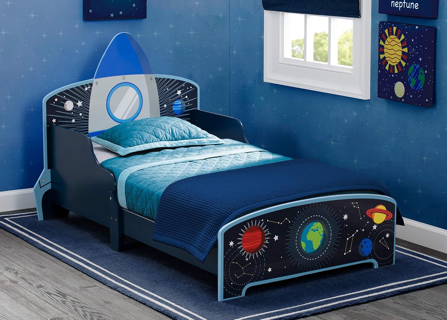 Delta Children Space Adventures Rocket Ship Wood Toddler Bed - Greenguard Gold Certified, Blue & Space Adventures Kids Upholstered Chair, Blue