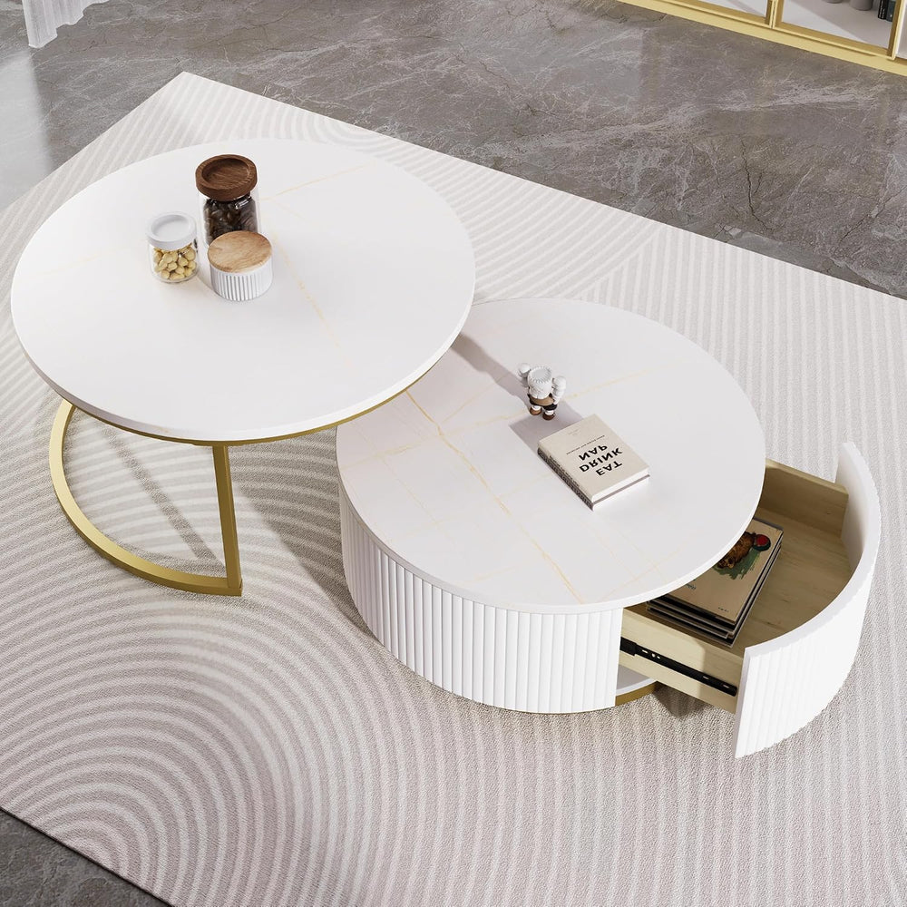 Nesting Coffee Table Set of 2, Round Coffee Table with Drawer for Living Room...