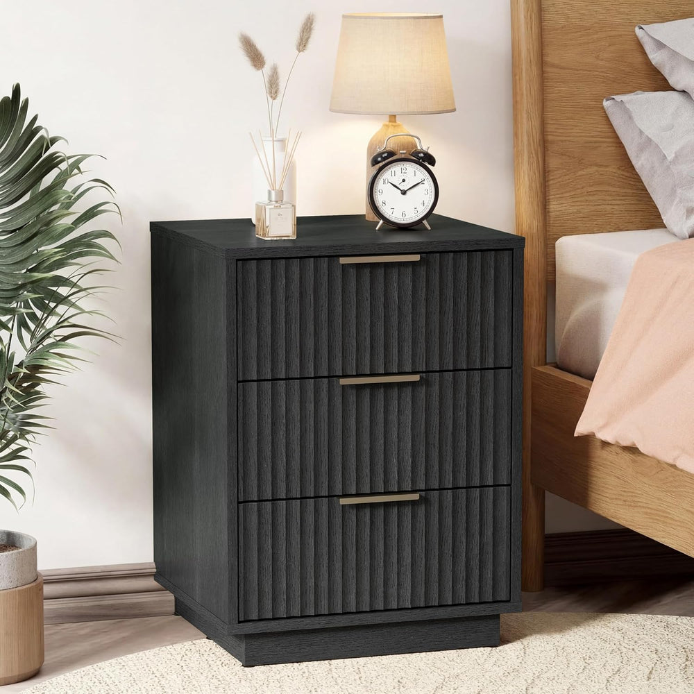 RoyalCraft Black Fluted Nightstand, Modern Bedside Table with 3 Large Storage...