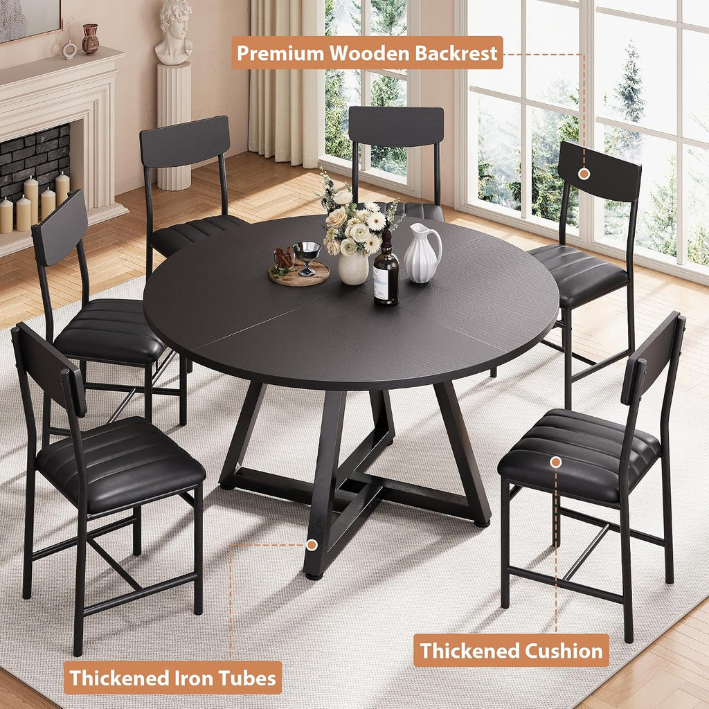 Round Dining Table Set for 6, Kitchen Table and Chairs for 6, Circle Table Round Pedestal Dining Room Dinner Dinette Table Set,7 Piece Space Saving Wood Kitchen & Dining Room Tables (Black, 51In)