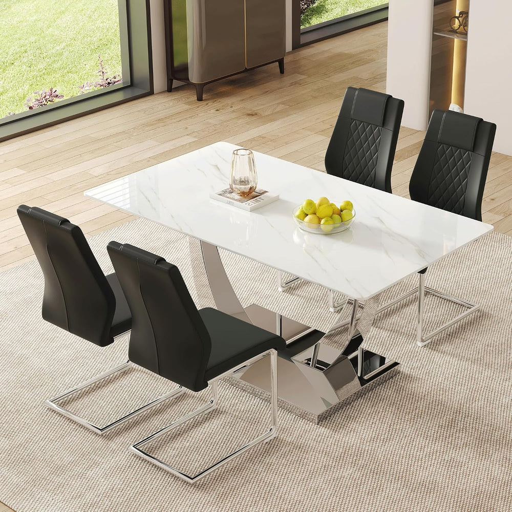 AZmac 63" Modern Dining Table Set for 4, White Dining Room Set for 4, Te...