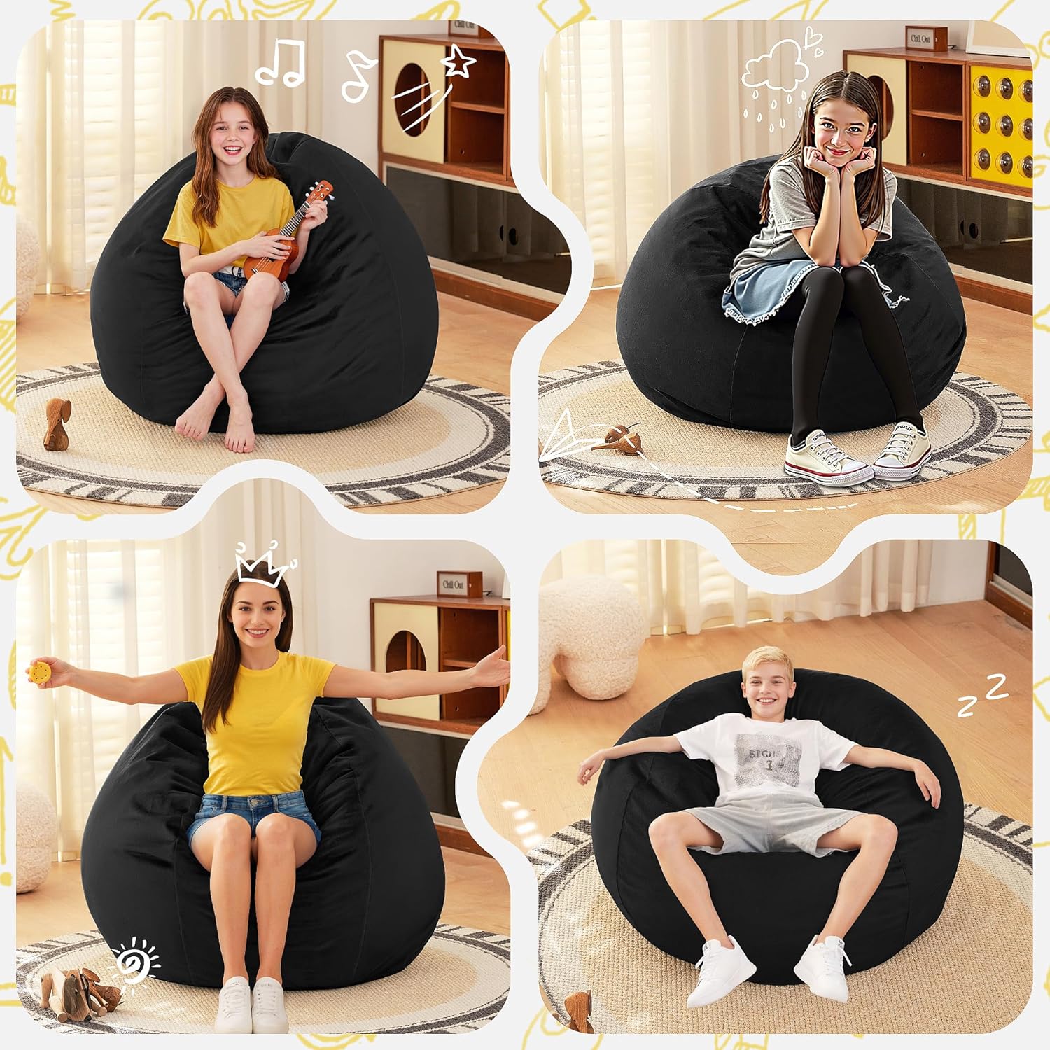 HABUTWAY 2FT Bean Bag Chair, 2' Beanbags Small Bean Bag Chairs with Filling, Teardrop Bean Bag Chair Luxurious Velvet Ultra Soft Fur with Removable Cover (Black)