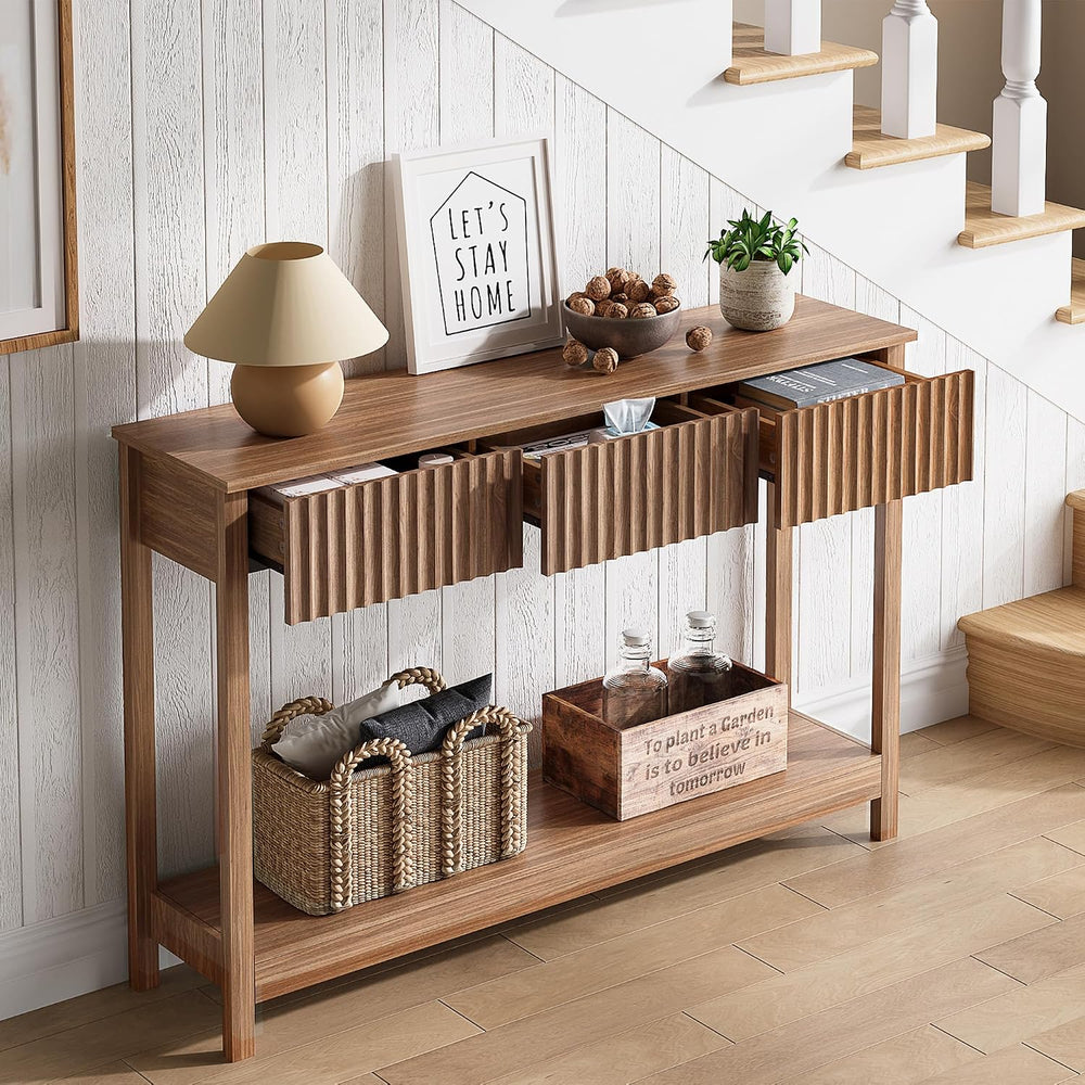 Treocho 47" Fluted Console Table with 3 Drawers and Storage Shelf | Narr...