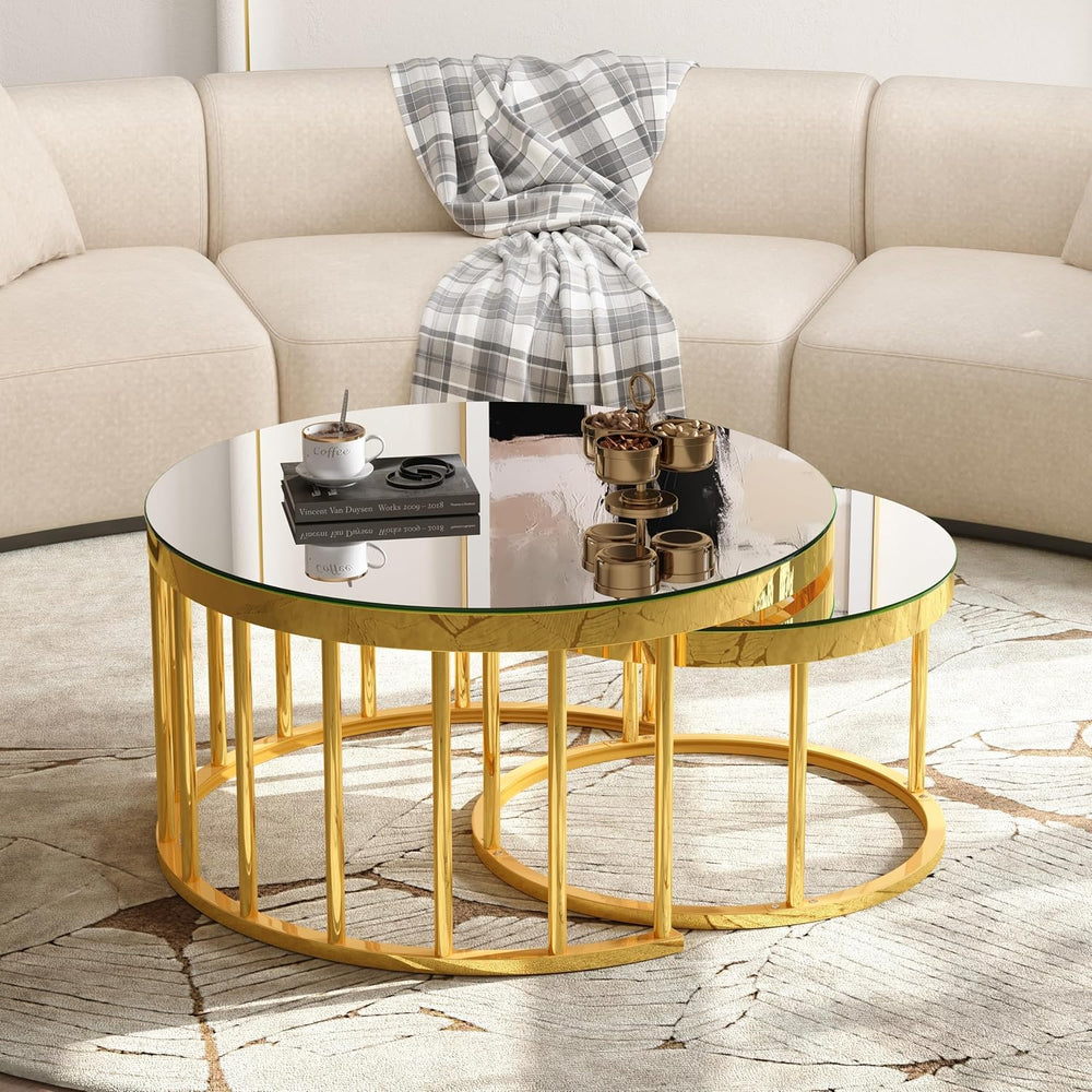 JIVOIT 2-Piece Round Nesting Coffee Table Set with Gold Metal Frame | Modern ...