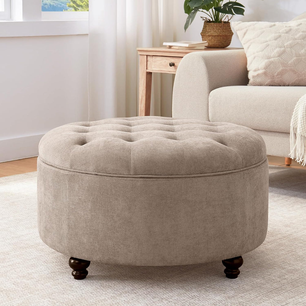 HUIMO 30-Inch Round Storage Ottoman, Button Tufted Coffee Table(Brown) | Otto...