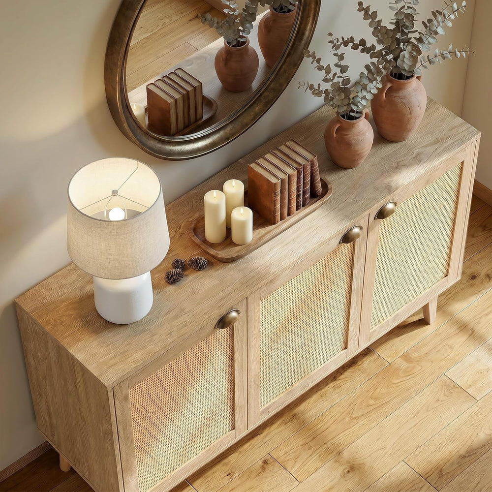 GREEN PARTY 47" Rattan Sideboard Buffet Cabinet with Storage, 3-Door Boh...