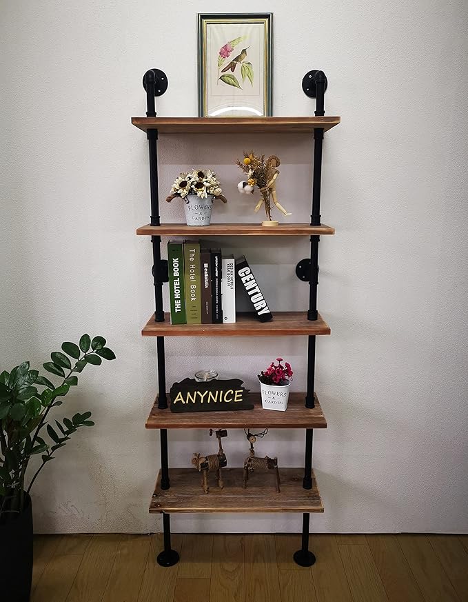 5 Tier Industrial Ladder Bookshelf, Wall Mounted Wood Metal Rustic Pipe Shelv...