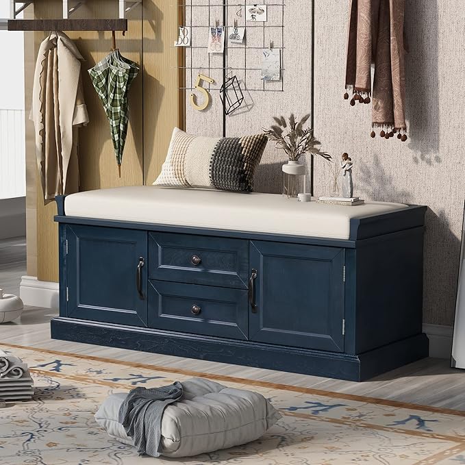 42″ Storage Bench with 2 Drawers and 2 Cabinets，Multipurpose Entryway Shoe Rack W/Removable Cushion，for Living Room Hallway Porch,Antique Navy