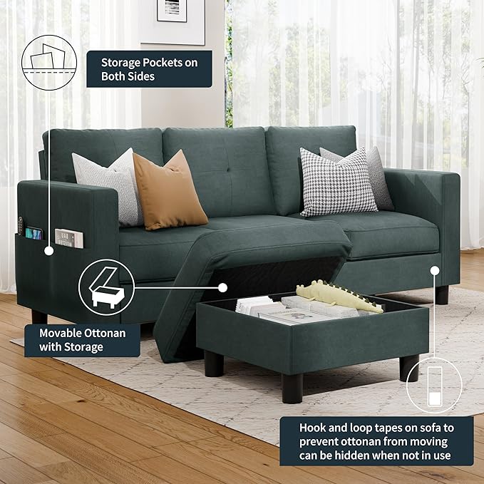 Vongrasig Convertible Sectional Sofa Couch, 3 Seat L Shaped Sofa with Removable Pillows Linen Fabric Small Couch Mid Century for Living Room, Apartment and Office (Black)